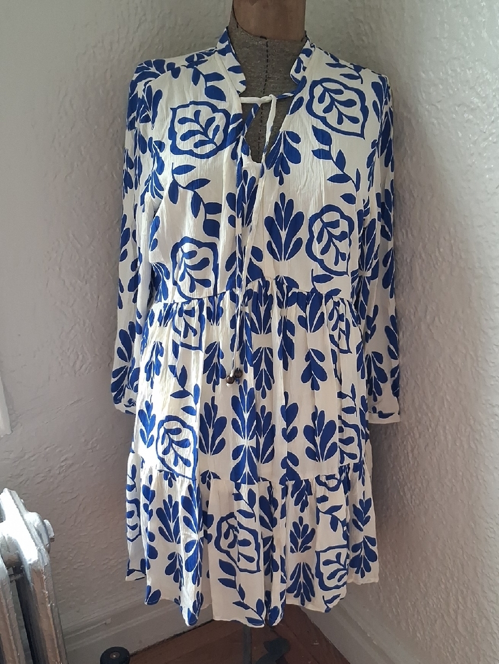 Off White Dress with Bold Cobalt Blue Floral Print